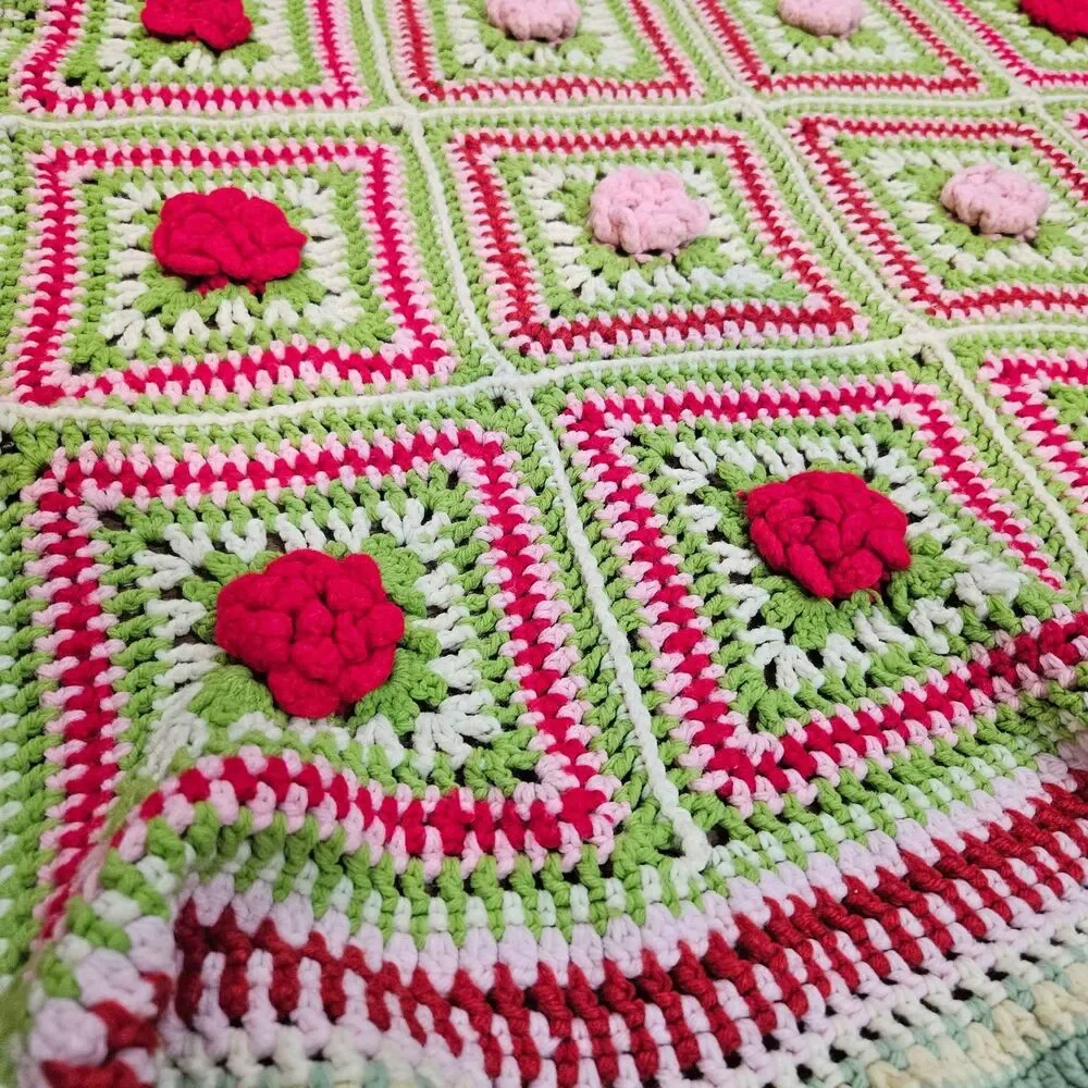 Handmade Crochet Rose Granny Square Throw Blanket Afghan Pink Red Green 30x60
